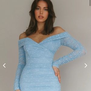 SELFIE LESLIE MOONRISE OFF-SHOULDER LONG SLEEVE DRESS LACE BLUE